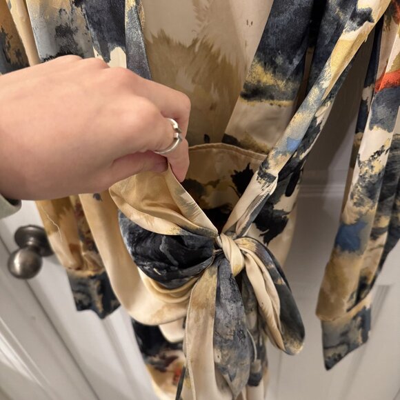 Luxxel Long Sleeve Satin Colorful Wrap Mini Dress Size S Abstract Fall Wedding - Picture 2 of 10